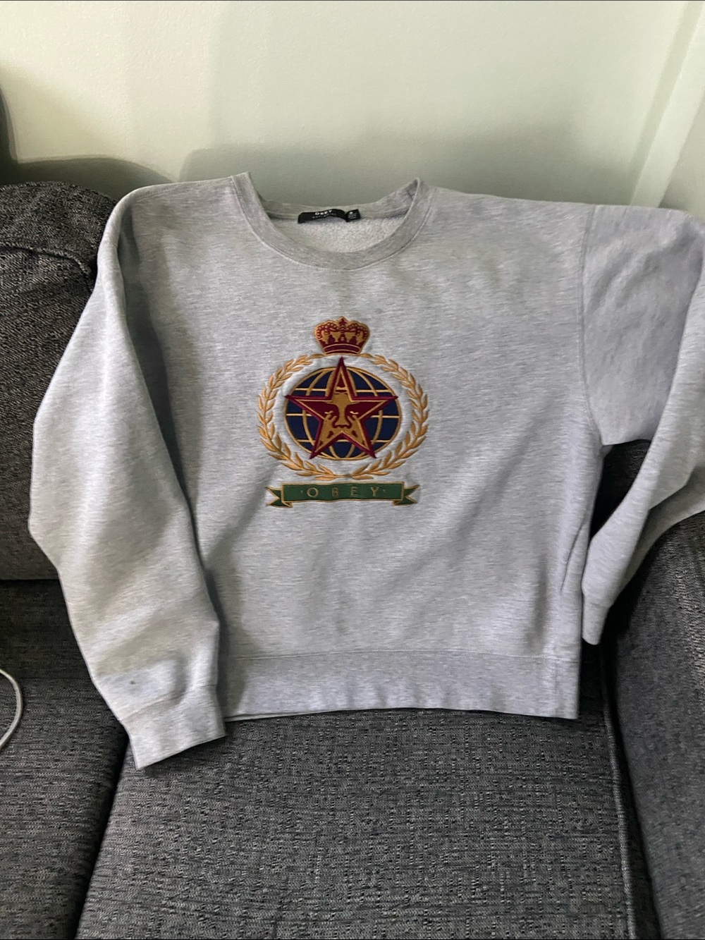 Obey Light Gray Crewneck Sweatshirt with Embroidered Crest
